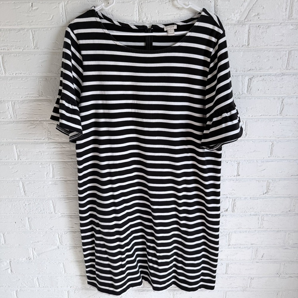 J Crew XL Striped Dress Womens Navy White Ruffle Sleeve Casual Shift Dress